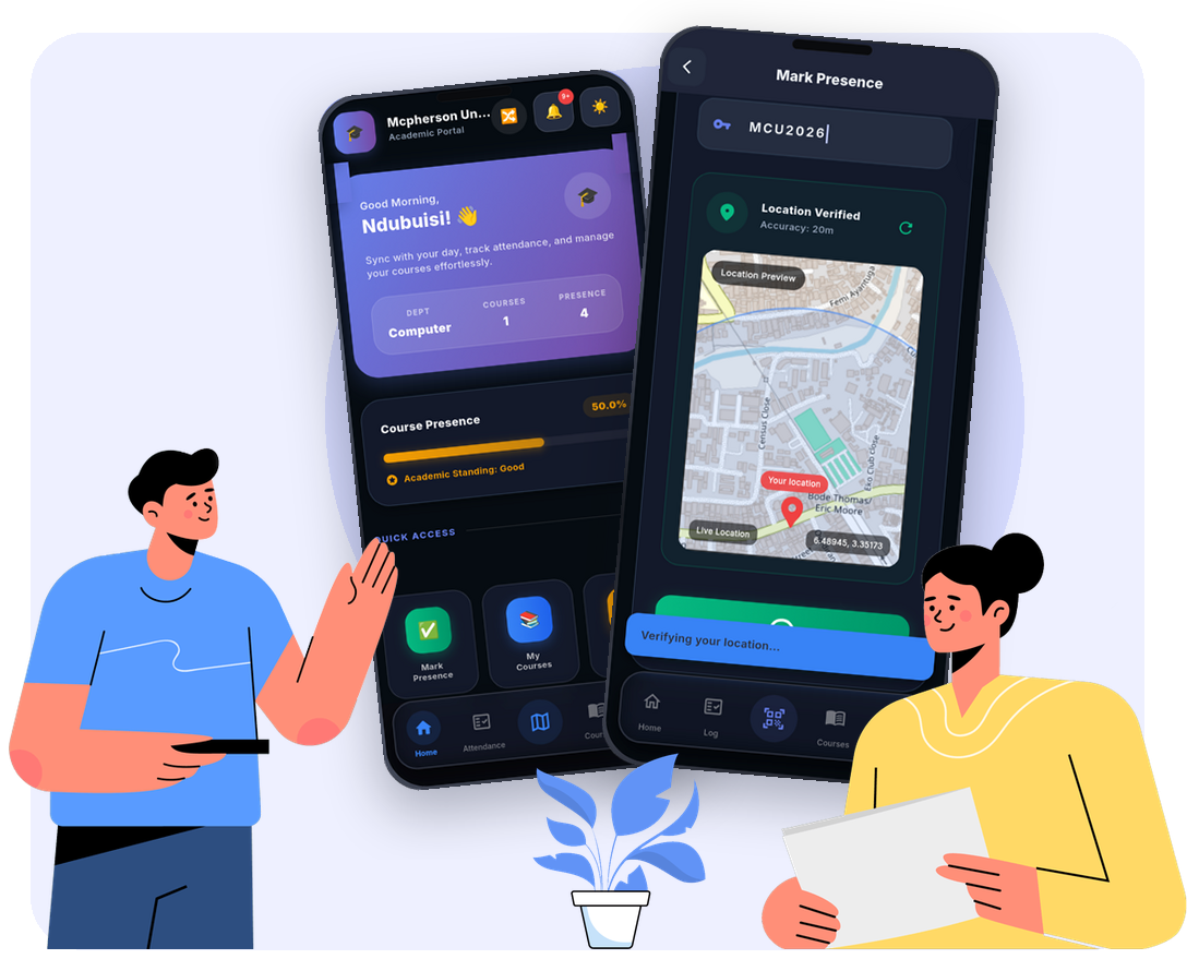 The Attenova app: student dashboard and GPS-verified check-in