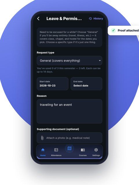 A leave request: the type, dates, reason and proof.
